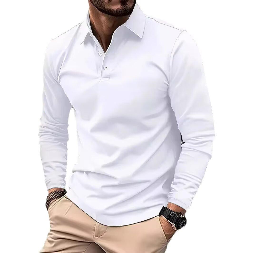 Fancy Style Studio Lente en Herfst Heren Poloshirt Nieuwe Mode Revers Drie Knoop Lange Mouw Effen Kleur Heren Top L wit