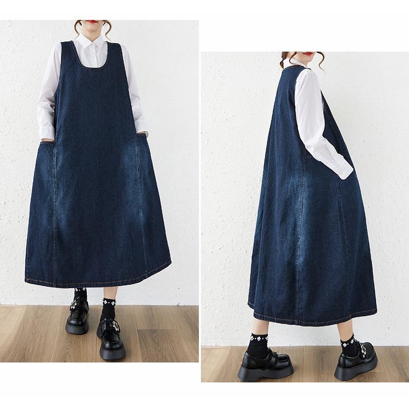 DIMANAF Women Plus Size Denim Dress Sleeveless Maxi Long Dress Cottton Vintage Loose Casual Dresses