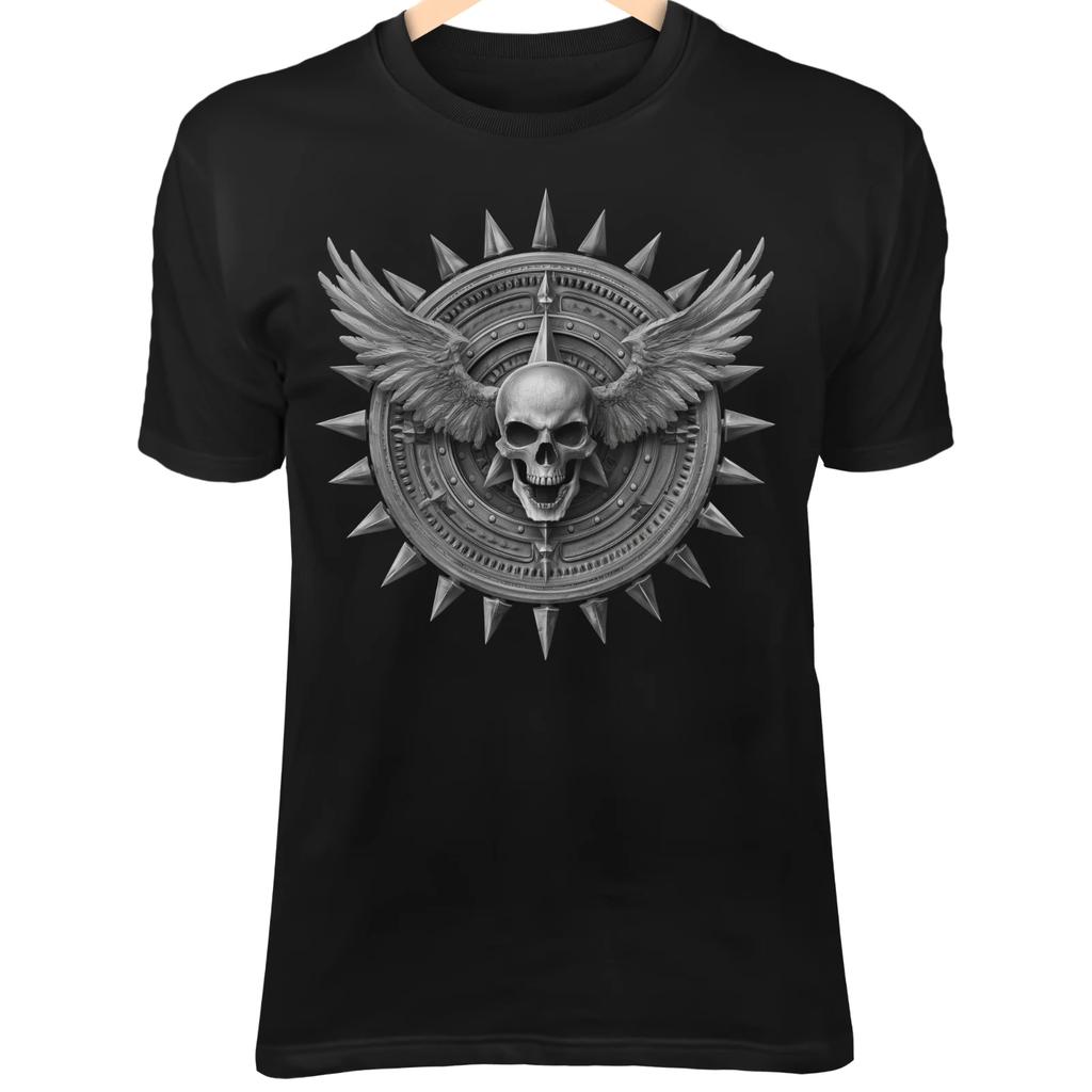 Winged Skull Badge IIII T-Shirt – Spiked Halo, Gothic Military Insignia