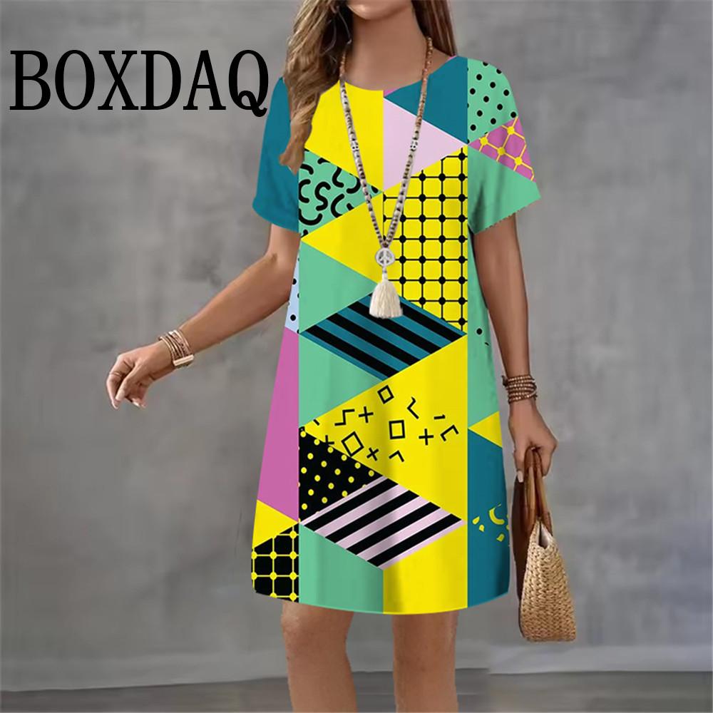 2026 Women Dresses Summer Dot 3D Printed Loose Clothing O-Neck Short Sleeved Clothing Fashionable Tie Dye Geometry Casual Dress
