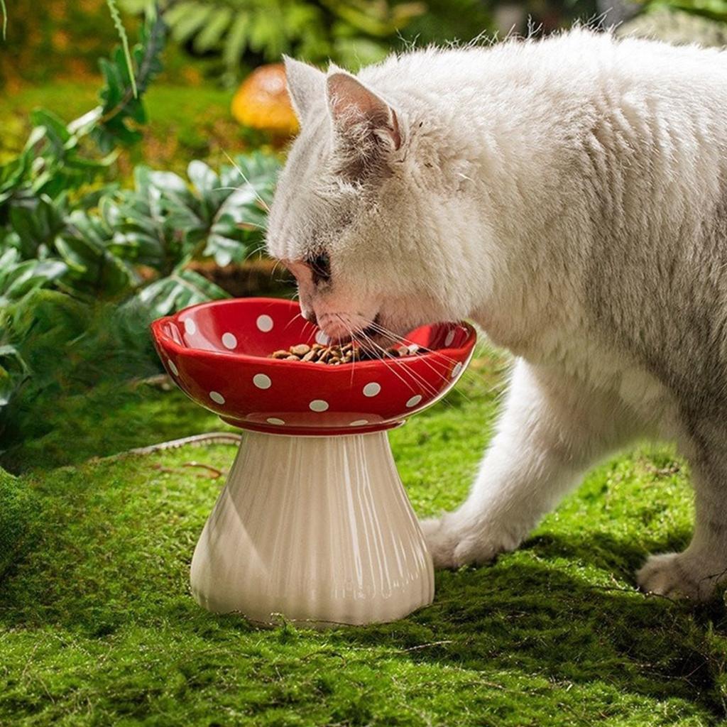 Elevated Cats Mushroom Shape Bowl Prevents Choking and Vomiting Cartoon Cats Feeding Dish Handcrafted Stand
