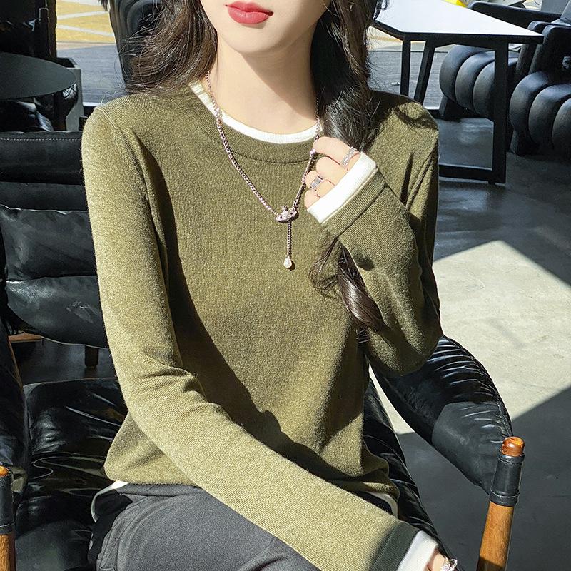 Color-blocking Round Neck Base Shirt for Women Loose Long-sleeved Spring New Worsted Wool Fake Two-piece Knitted Sweater