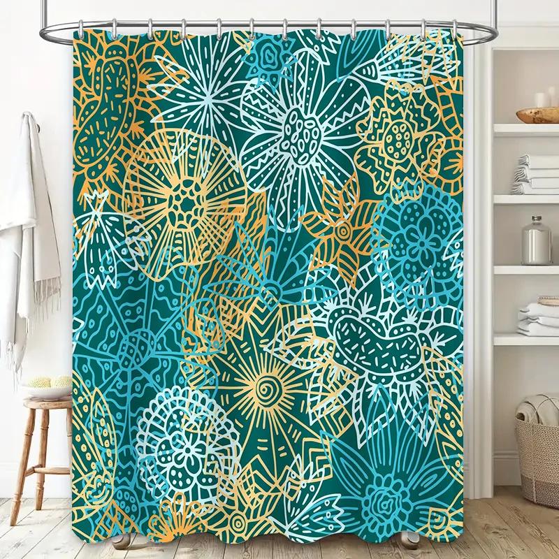 Green Gold Blue Shower Curtain with Mandala Pattern Bathroom Decor