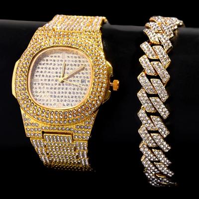 Hip Hop Męska Kubańska Bransoletka Łańcuchowa Z Zegarkami Na Rękę Bling Iced Out Chain Pełna Kryształowa Bransoletka Z Kryształkami Biżuteria