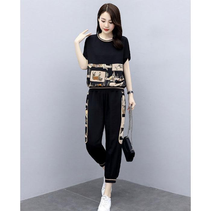 

2024 Summer Plus Size Women s Fashionable Casual Two-Piece Short Sleeve Set L чорний