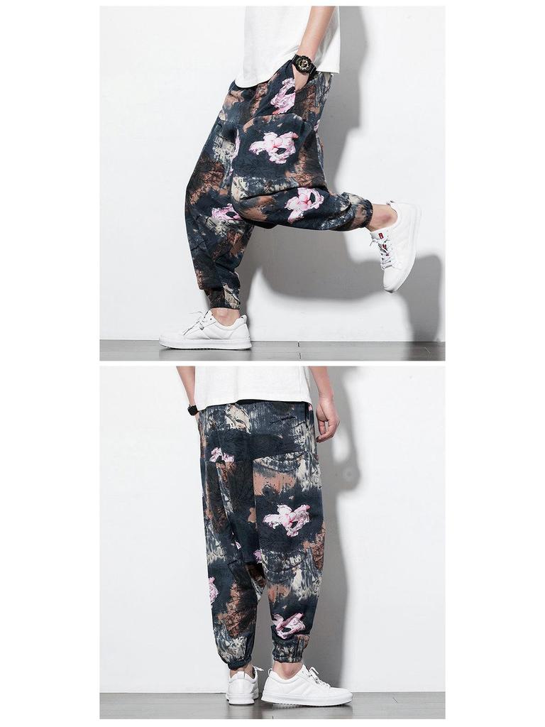 2023 Spring Men's Chinese-Style Cotton Linen Harem Pants - Printed Hip Hop Trousers