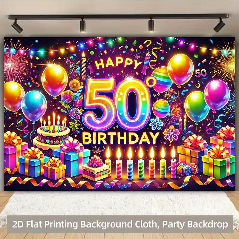 2D Happy 50th Birthday Photography Backdrop, Glow Neon Party Background