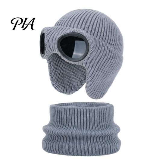 Playful Goggle Decor Hat for Kids 1 Set Knit Neck Warmer Kids, Winter Earflap with Goggles, Gift School Travel Fleece Lined Aviator Cap, Warm