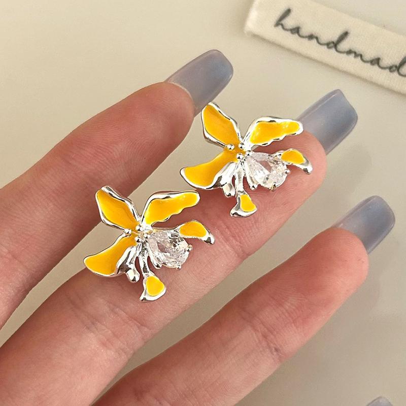 

PONYKISS Sterling Silver Zircon Enamel Flower Stud Earrings for Women Cute Plant Fine Light Luxury Accessories