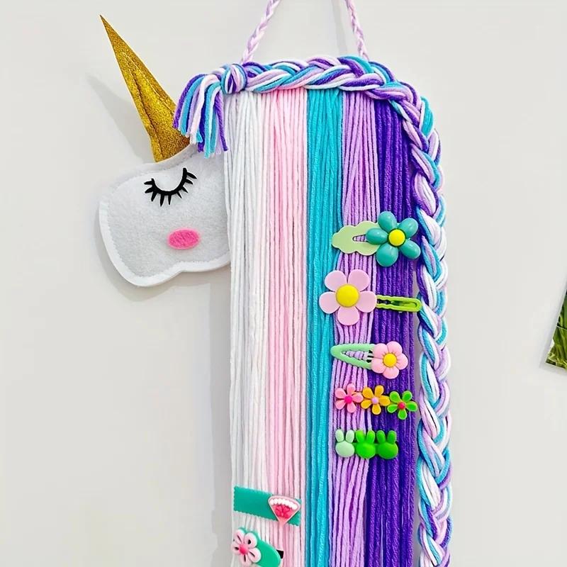 Handmade Boho Unicorn Wall Hanging Organizer - Felt Animal Head Hair Accessory Storage Strip, Charming Room Decor for Girls