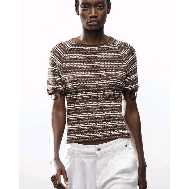 Spring and Summer New Women's Clothing Minimalist Style Silm All-Matching round Neck Short Sleeve Stripes Knitting Tops 2756007