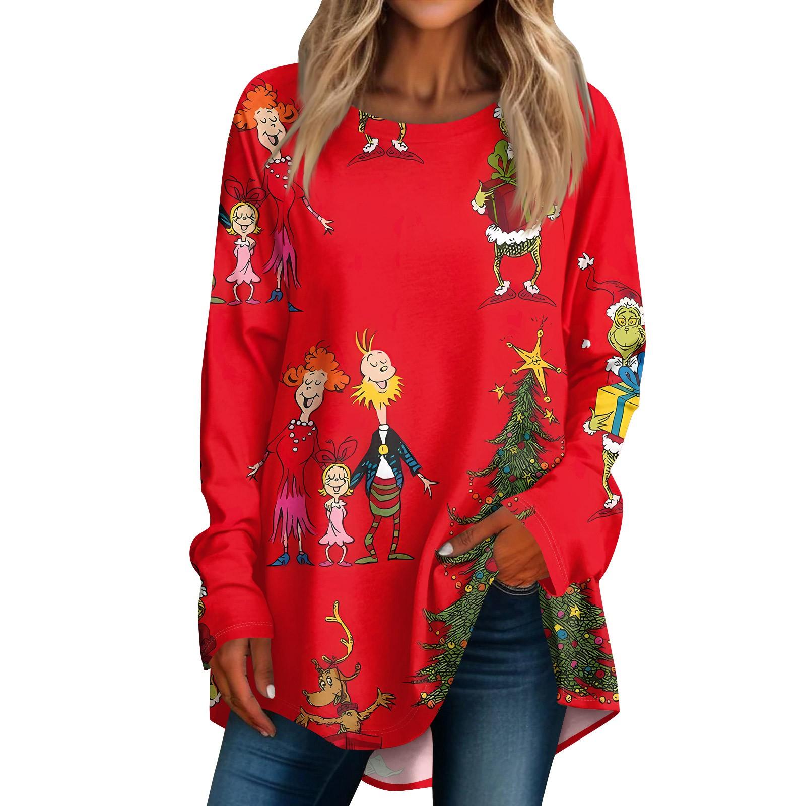 

Women Christmas Print Long Sleeve Shirt Round Neck Pullover T-shirt Top Pullover XXL красный