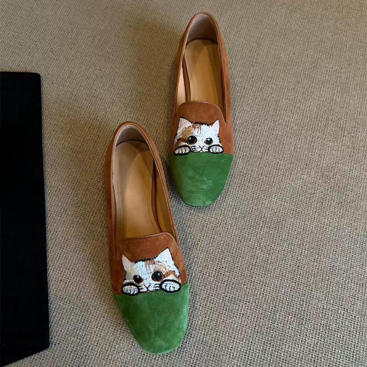 

Вышивка котенок педальные лоферы женские ретро новый китайский стиль верхняя одежда внутренняя танкетка одинарная обувь плоские туфли-бини 40 зелёный