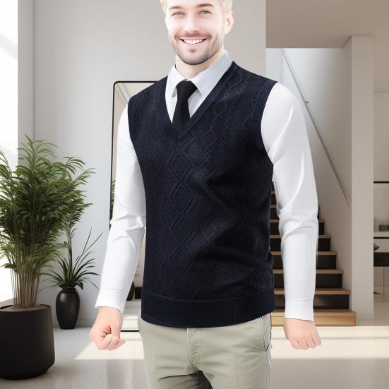 Men Knitting Vest V-Neck Sleeveless Rhombus Texture Sweater Vest Autumn Winter Solid Color Casual Vest Knitwear