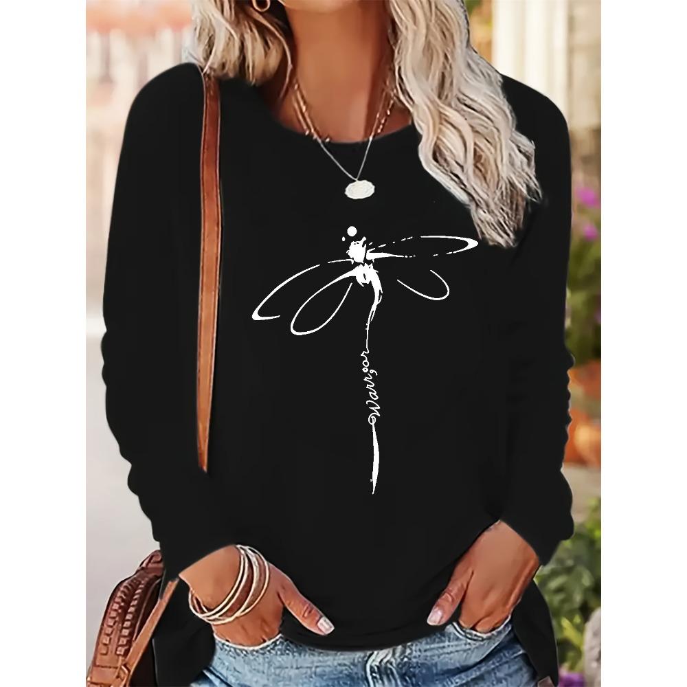 Women's 100% Cotton Long Sleeve T-Shirt Dragonfly Print round Neck Casual Fashion Top for Spring And Autumn