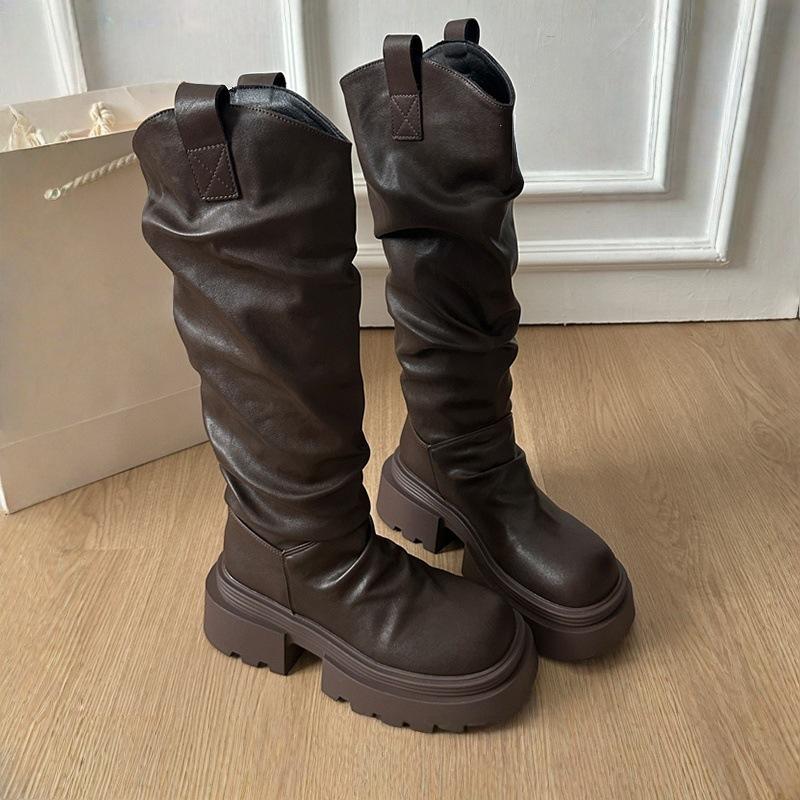 Autumn Winter Platform Thick Bottom Women's Long Boots Slip on Shoes Vintage Ladies Knight Boots