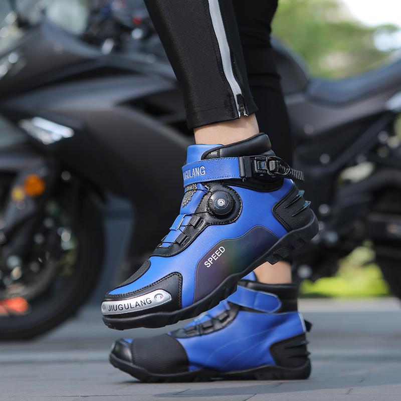 Unisex Leather Motorcycle Boots Large Size Rotation Button Anti Slip Anti Collision Riding Shoes