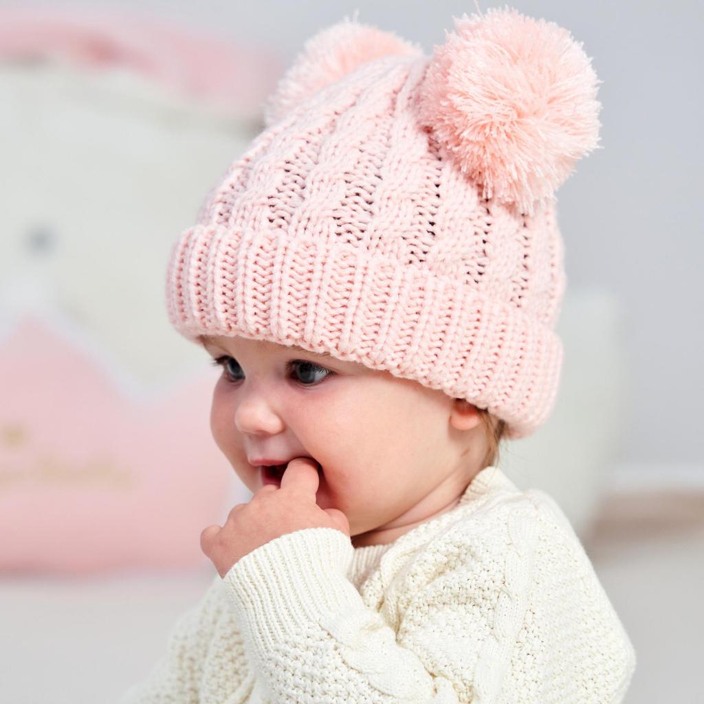 New Solid Color Cable Knit Double Pom Pom Hat for Kids - Warm Autumn/Winter Pullover for Babies & Toddlers