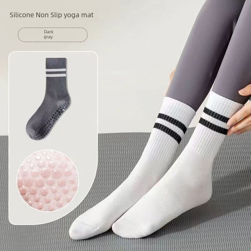 

Yoga Non-Slip Socks Women s Dance Trampoline Pilates Fitness Stripe Tube Socks Indoor Shock Absorption Sports Yoga Socks Dark gray [1 pair]]