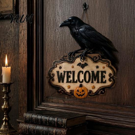 Entrance Door Ornament Halloween Wooden Welcome Sign, Spooky Skull Frog Crow Witch Hanger, Festive Holiday 2D Wall Hanging Sign for Home Party
