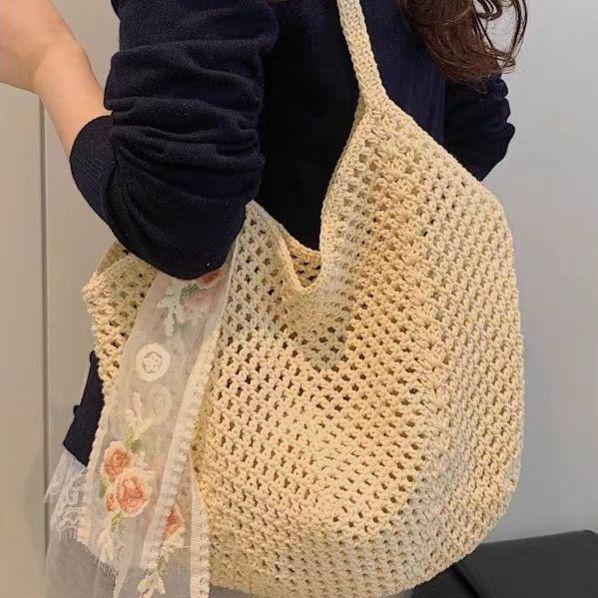 Women's Cotton Thread Knitted Shoulder Tote – Summer Large Capacity Floral Beach Bag