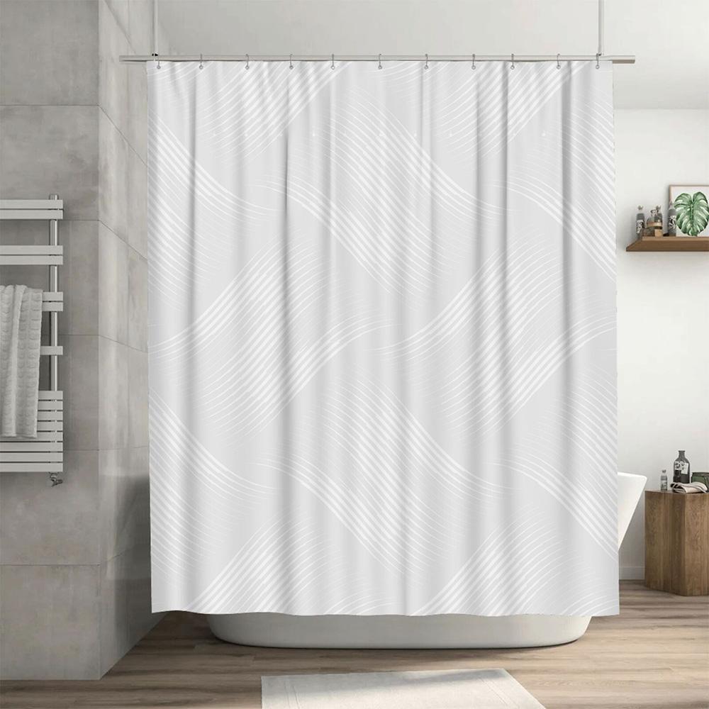 Scandinavian Wave Shower Curtain-White Geometric Pattern Shower Curtains 180X 200 Cm For Modern Spa Bathroom Decoration