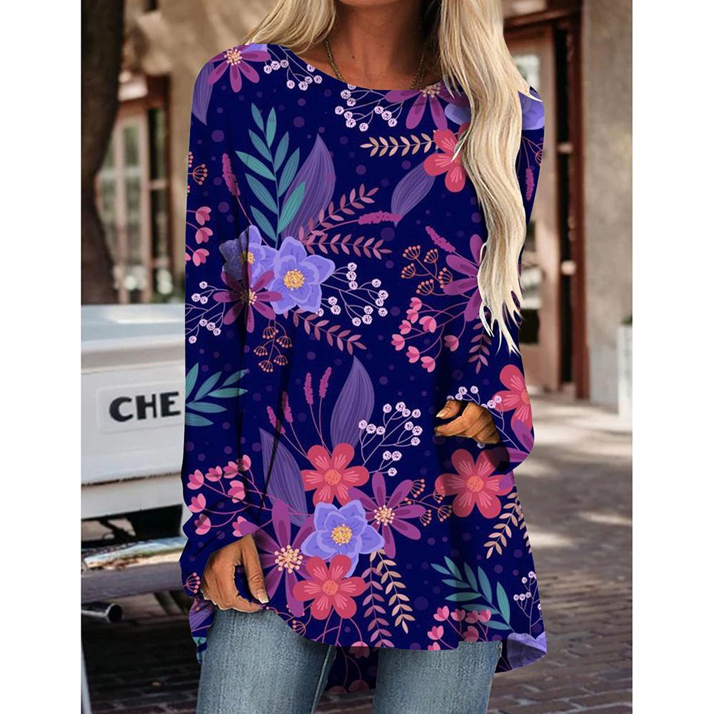 2023 Langarm-Damen-Oberteile, Blumen-Thema, 3D-Druck-T-Shirts, Rundhalsausschnitt, lässige Damen-Tagespullover-T-Shirts, elegante Oberteile