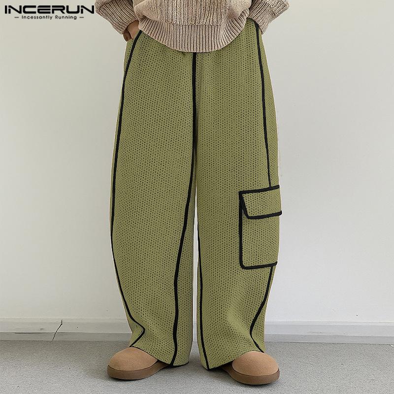 INCERUN Men Elastic Waist Trousers Casual Loose Stitching Texture Long Pants