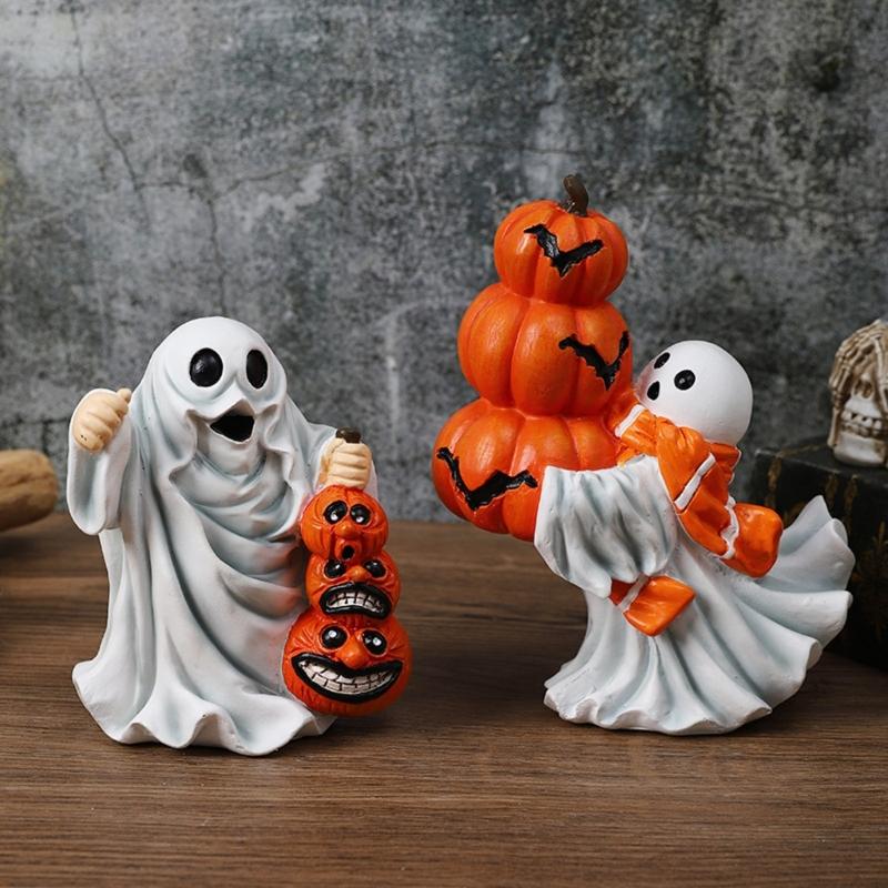 Halloween Ghostly Holding Black Cats Pumpkin Figurine Resins Miniature Sculpture Festives Living Room Table Shelf Decors