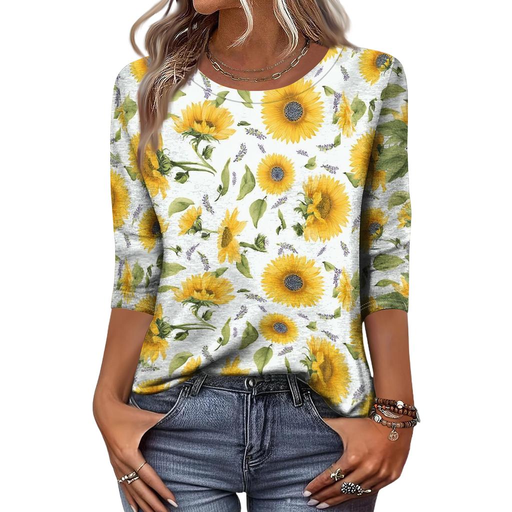 Women's Fashion Casual Round Neck 3/4 Sleeve Loose Printed T-Shirt Ladies Top