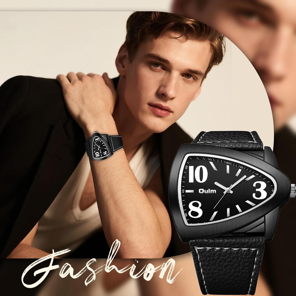Triangle watch stainless steel men fashion stylish unique PU strap cool handsome gift anniversary birthday black