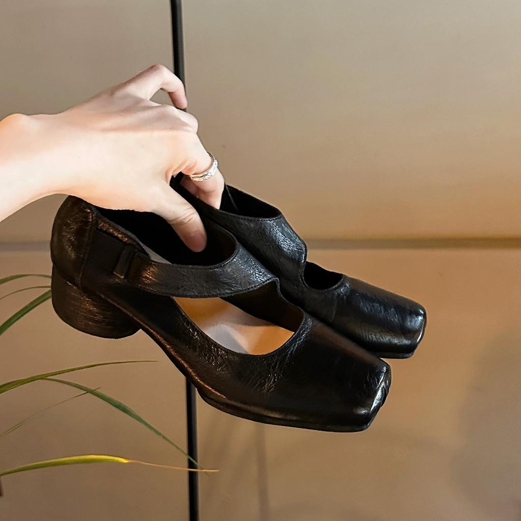 Sheepskin version~ high-end leather square head thick heel small leather shoes single shoes women's ballet style medium high heel Mary Jane ladyshoes