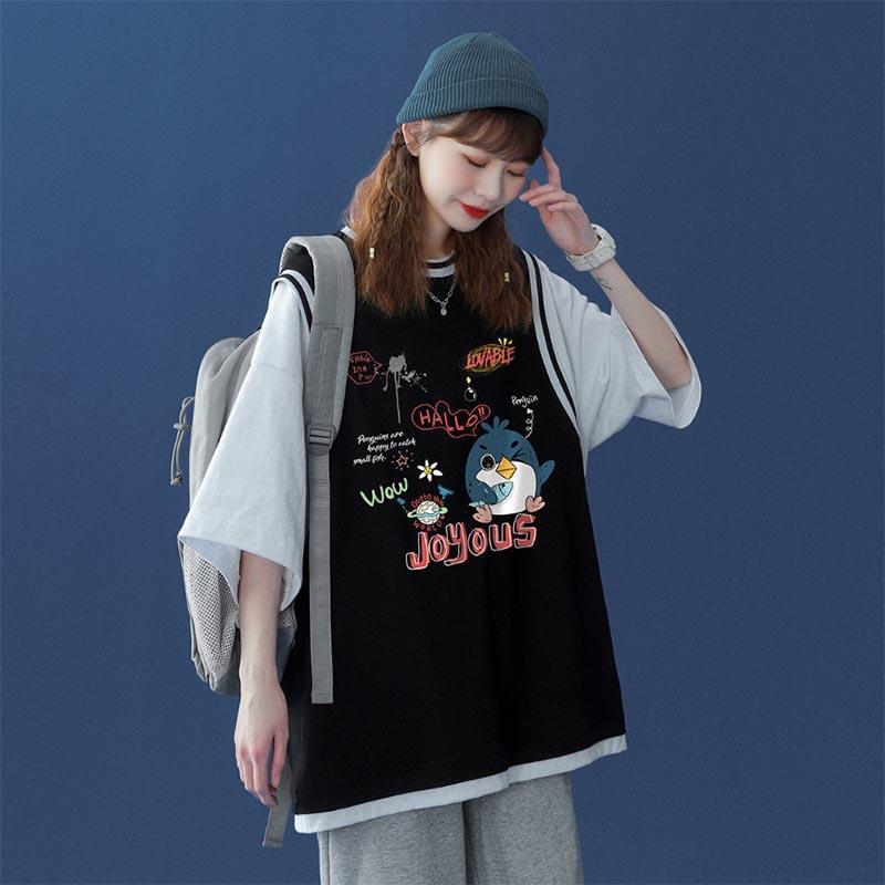 

Поддельная двухсекционная баскетбольная форма с короткими рукавами, женская футболка свободного дизайна Sense Niche Fried Street, модный топ с половиной рукавов S чёрный