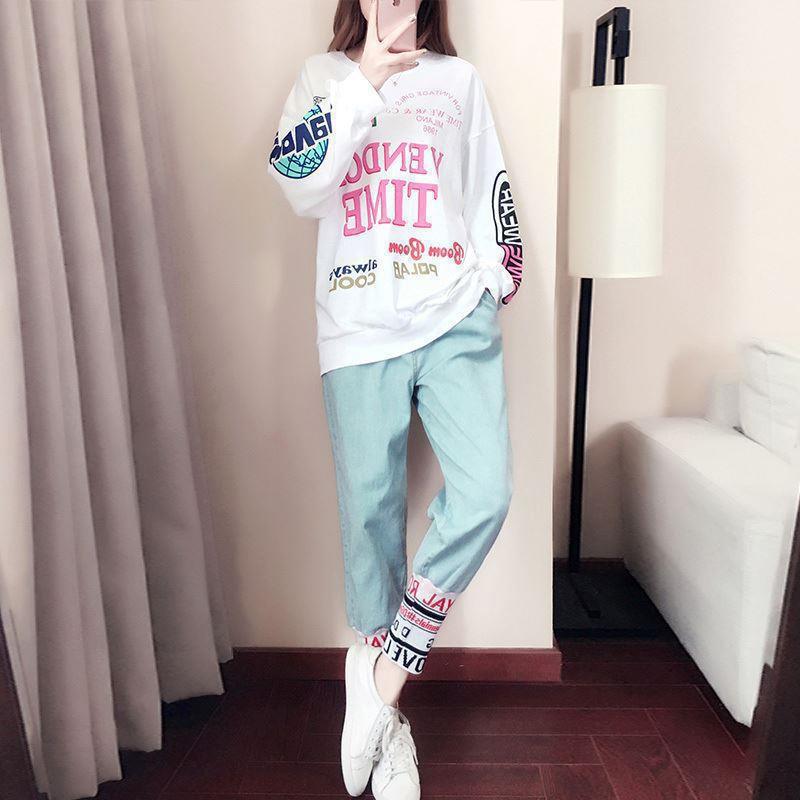 Two-piece Suit for Women's Sports and Leisure Autumn Student Hip-hop Sweatshirt Fashion Large Size Korean Style Loose Suit