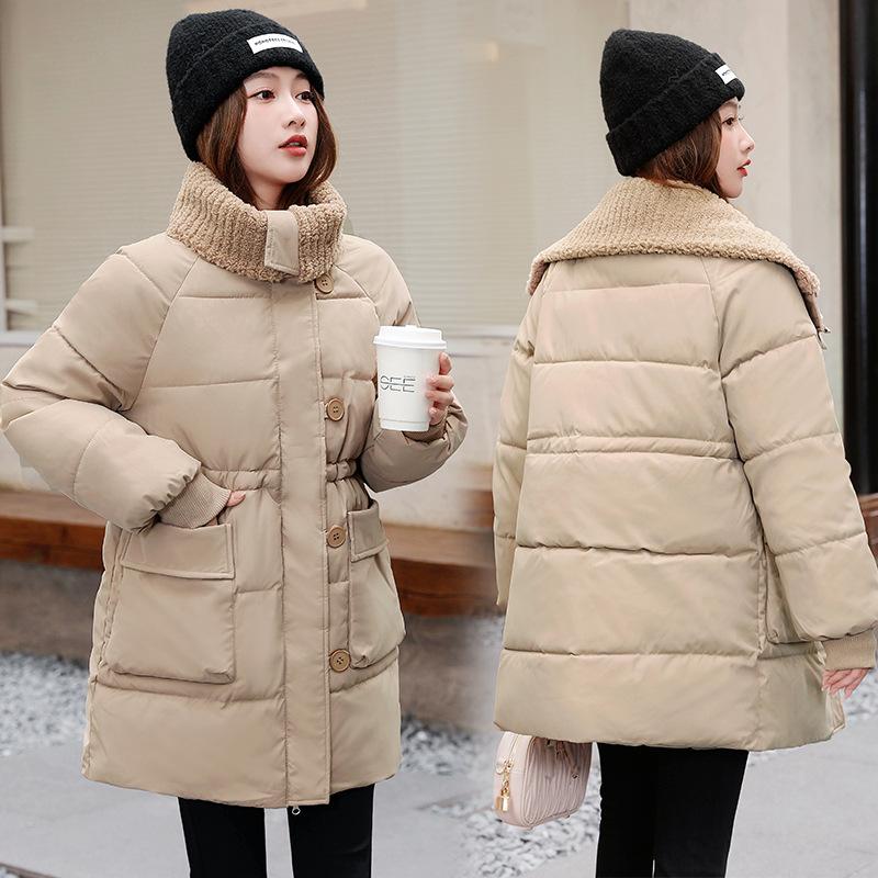 Dopamine rose red medium and long down cotton-padded clothes, autumn and winter new over-the-knee thickened large lapel jacket