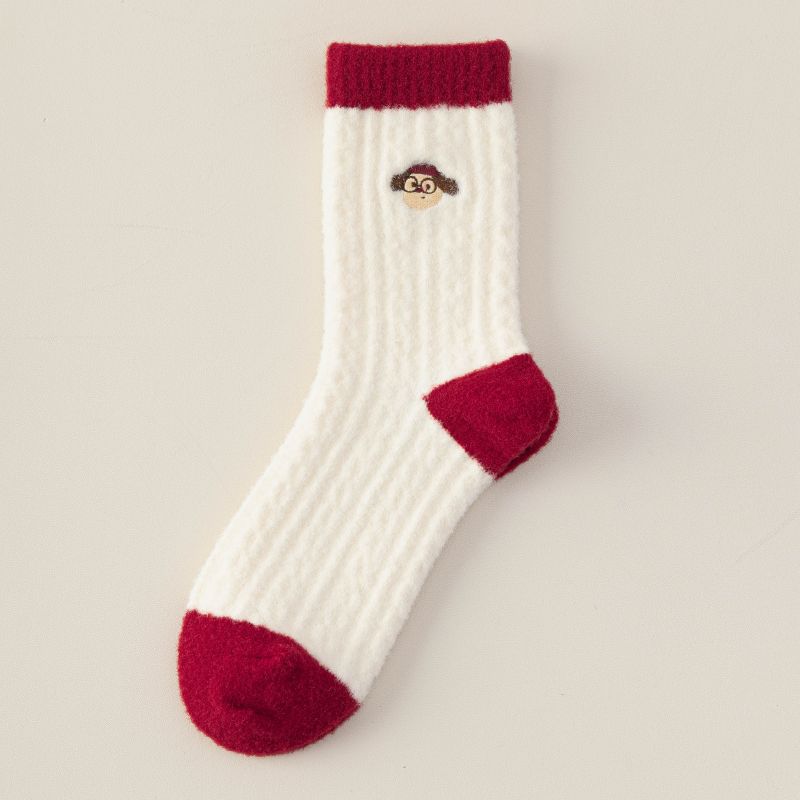 Christmas Tube Socks Bright Red Embroidered Floor Socks Winter Socks Australian Velvet Warm And Thickened