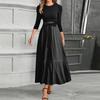 Women's Fashion Casual Belt Round Neck Solid Color Splicing Elegant Temperament Three-quarter Sleeve Dress