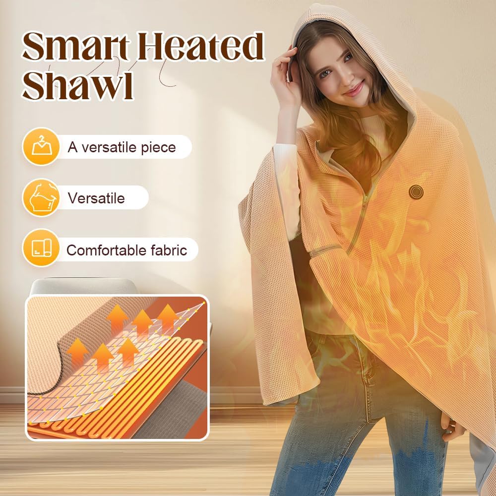 Portable Heated Shawl Wraps for Winter, Cozy USB Heated Shawl 3 Heating Levels Throw Blanket Wearable Blanket for Home Rest Car Travel
