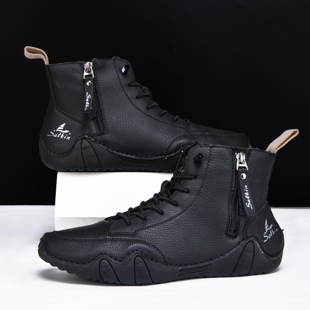 New 2026 Handmade Leather Men Ankle Boots Casual Shoes Side Zipper Comfortable Breathable Sneakers Anti-Slip Outdoor Boots Shoes