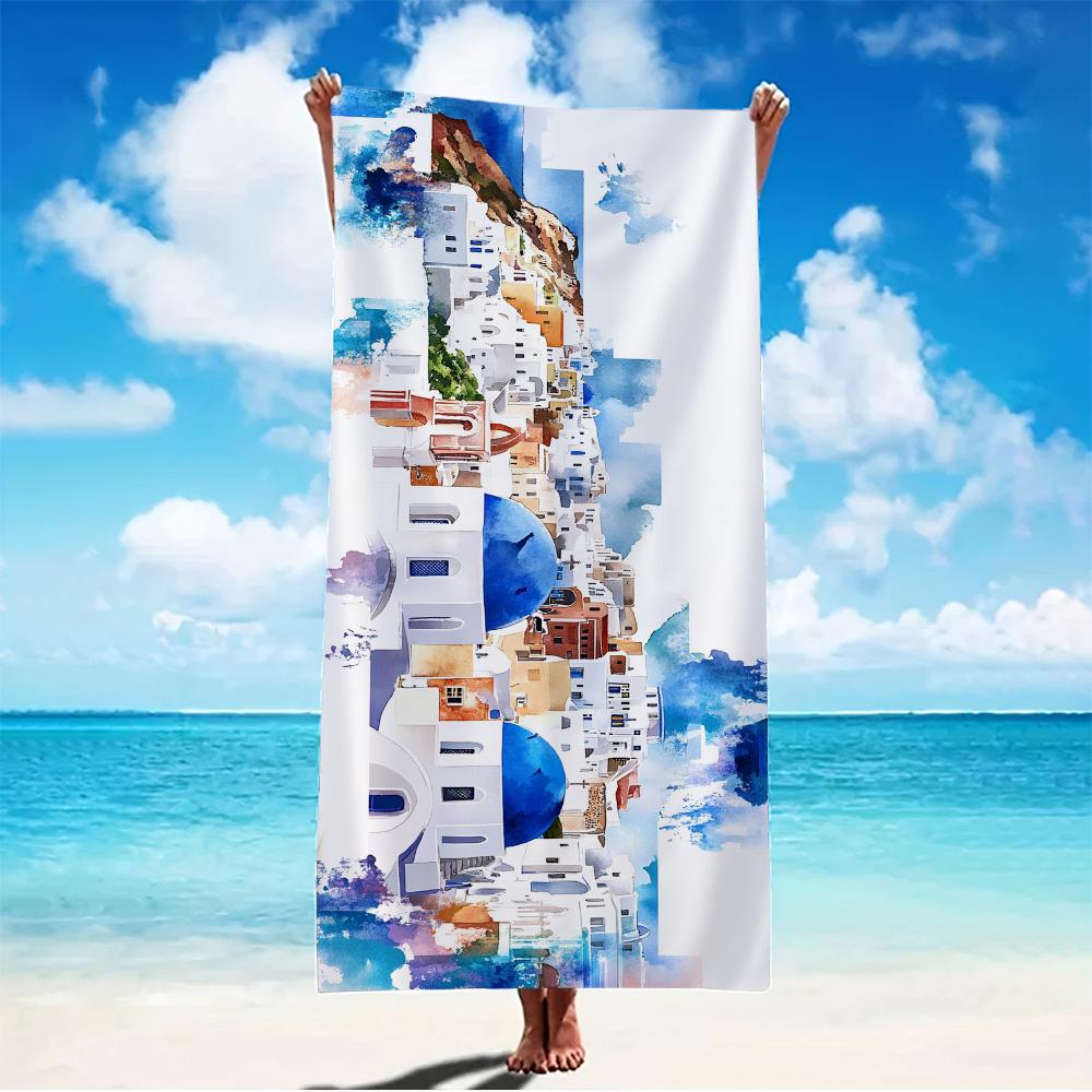 Textilien 1Pc Santorini Inspired Beach Towel - Ultra Soft & Absorbent Lightweight Travel Towel With Vibrant Watercolor Greek Island Scenic