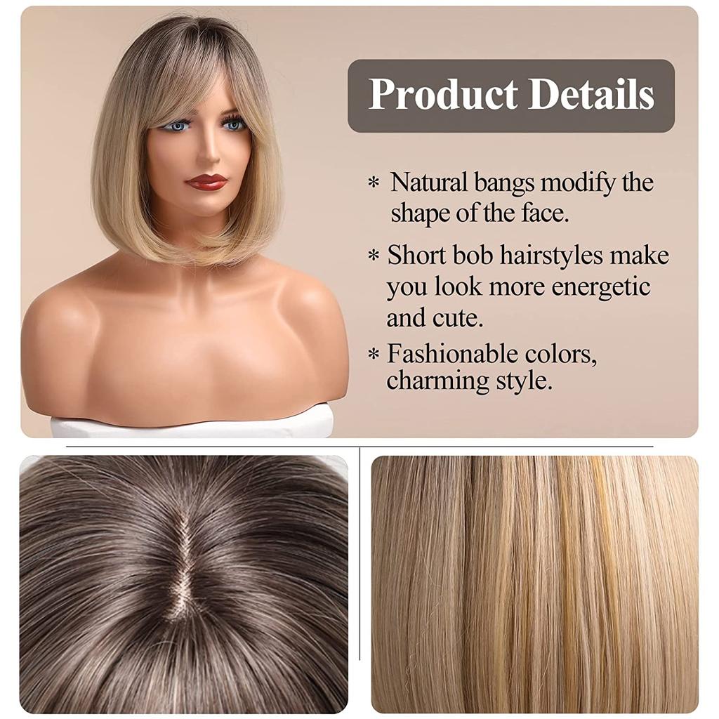ALAN EATON Short Ombre Blonde Wig for Women Natural Straight Synthetic Hair Bob Wigs with Bang Party Daily Heat Resistant Hair