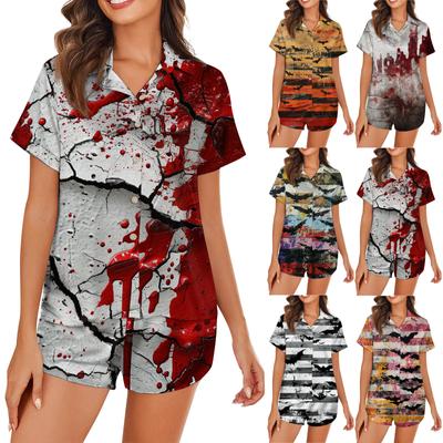 Women's Ice Silk Pajamas Button Home Clothes Halloween Printed Short Sleeve Satin Pajama Set