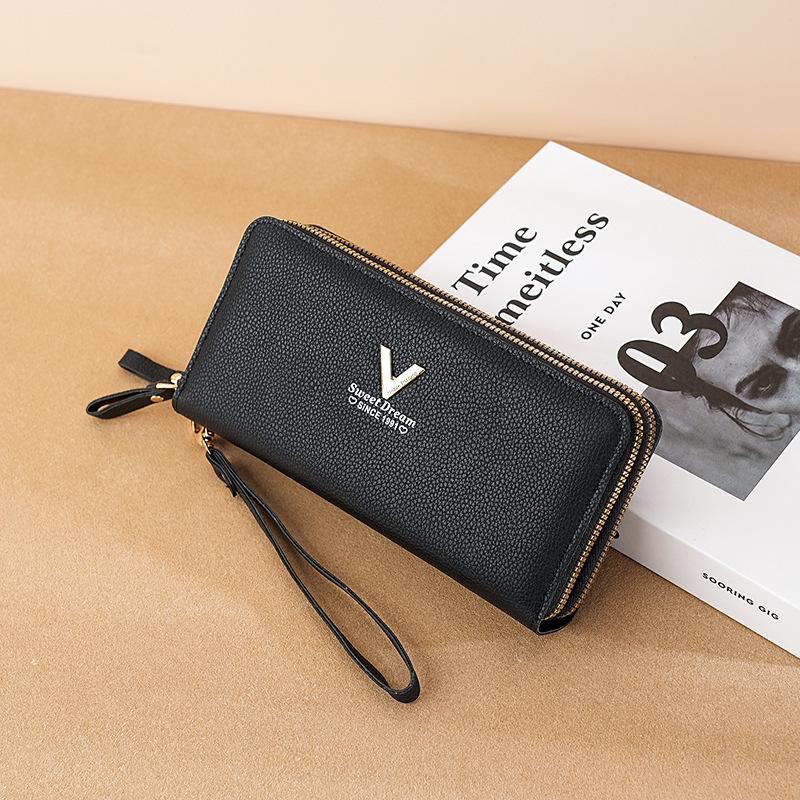 New women's wallet, fashionable double-layer zipper, long clutch bag, lychee pattern mobile phone bag, thick and multi-card space, large capacity