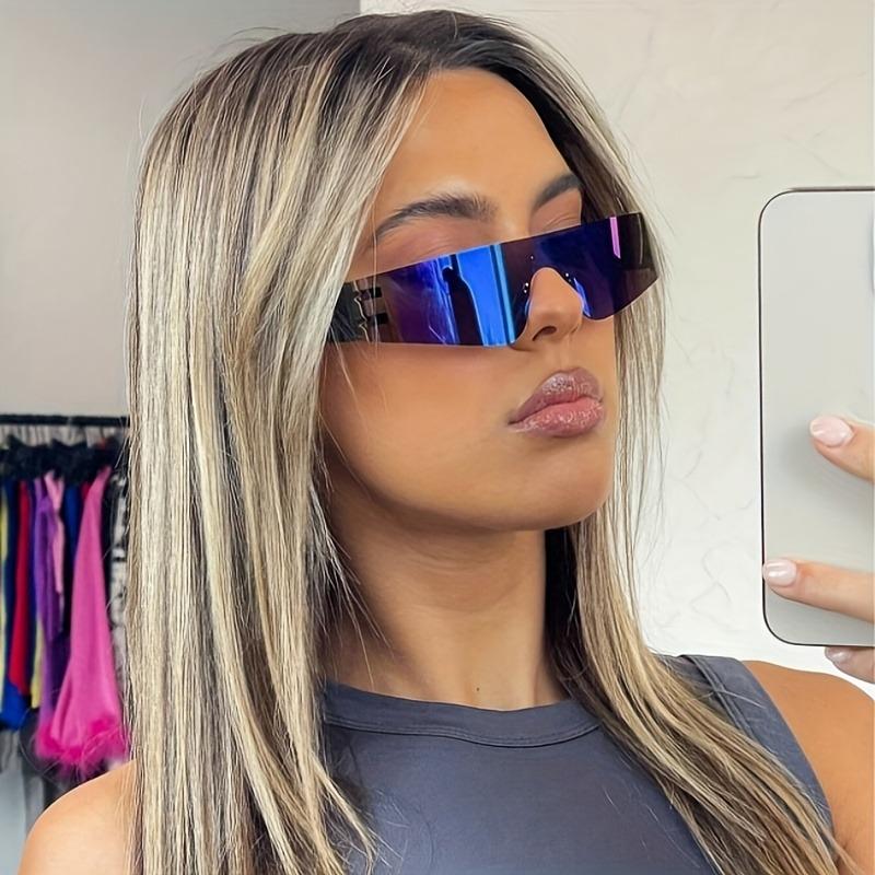 2pcs of Frameless Wrap-Around Glasses for Women Punk Style Futuristic Tint Y2K Flat Top Iridescent Fashion Glasses for Men