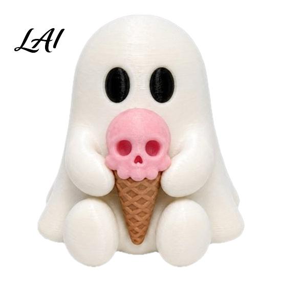 Sweet Cool Room Ornaments Halloween Mini Ghost Decorative Figurine 3D Printed White Statue with Pink Skull Ice Cream Cute Desktop Ornament for Home