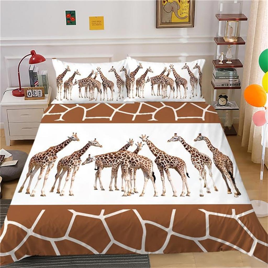 Wild Animal Giraffe Duvet Cover, Giraffe Family Bedding Set for Kids Boys Adults,Colorful Geometric Stripe Decor Comforter Cover