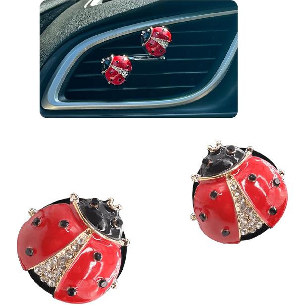Ladybug Car Decor,2Pcs Bling Lady Bug Air Vent Clips Car Air Freshener,Cute Red Car Accessories Gift For Women,Refillable Rhinestone Aroma Diffuser
