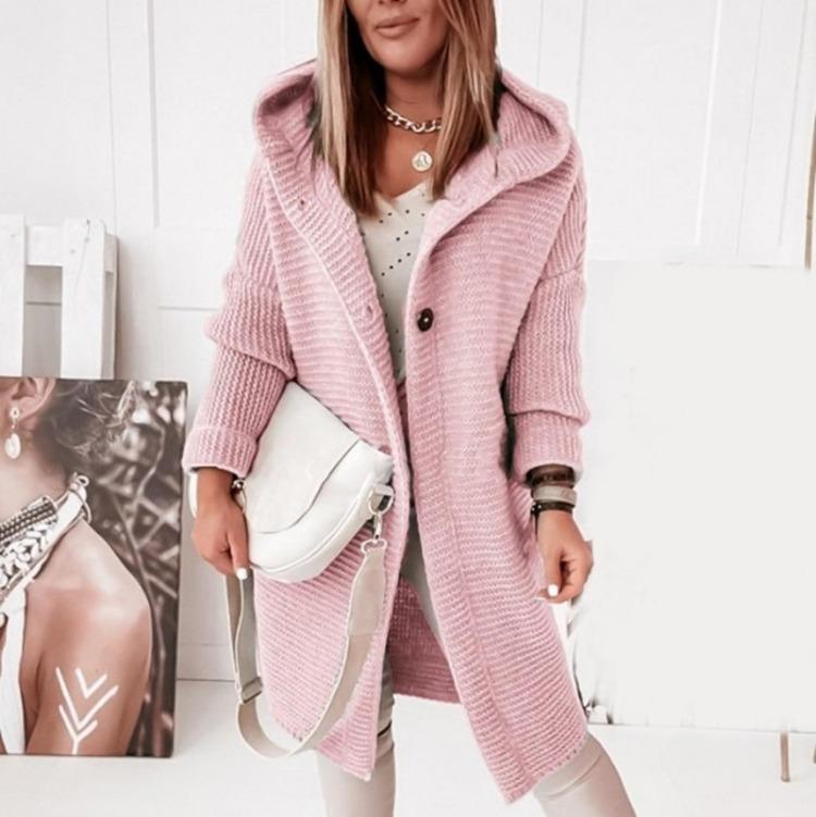 Ciepły damski długi sweter-płaszcz z kapturem, gładki, dzianinowy, gruby kardigan zimowy