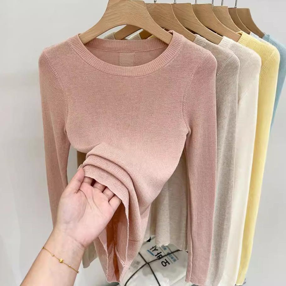 Women's Round Neck Long Sleeve Knit Top Slim Fit Solid Color Basic Thin Layering Shirt Elegant Casual Blouse