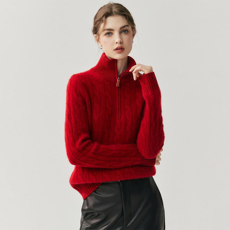 Women's High Neck Half-Zip Cable Knit Cashmere Sweater - Loose Fit, Autumn/Winter Style